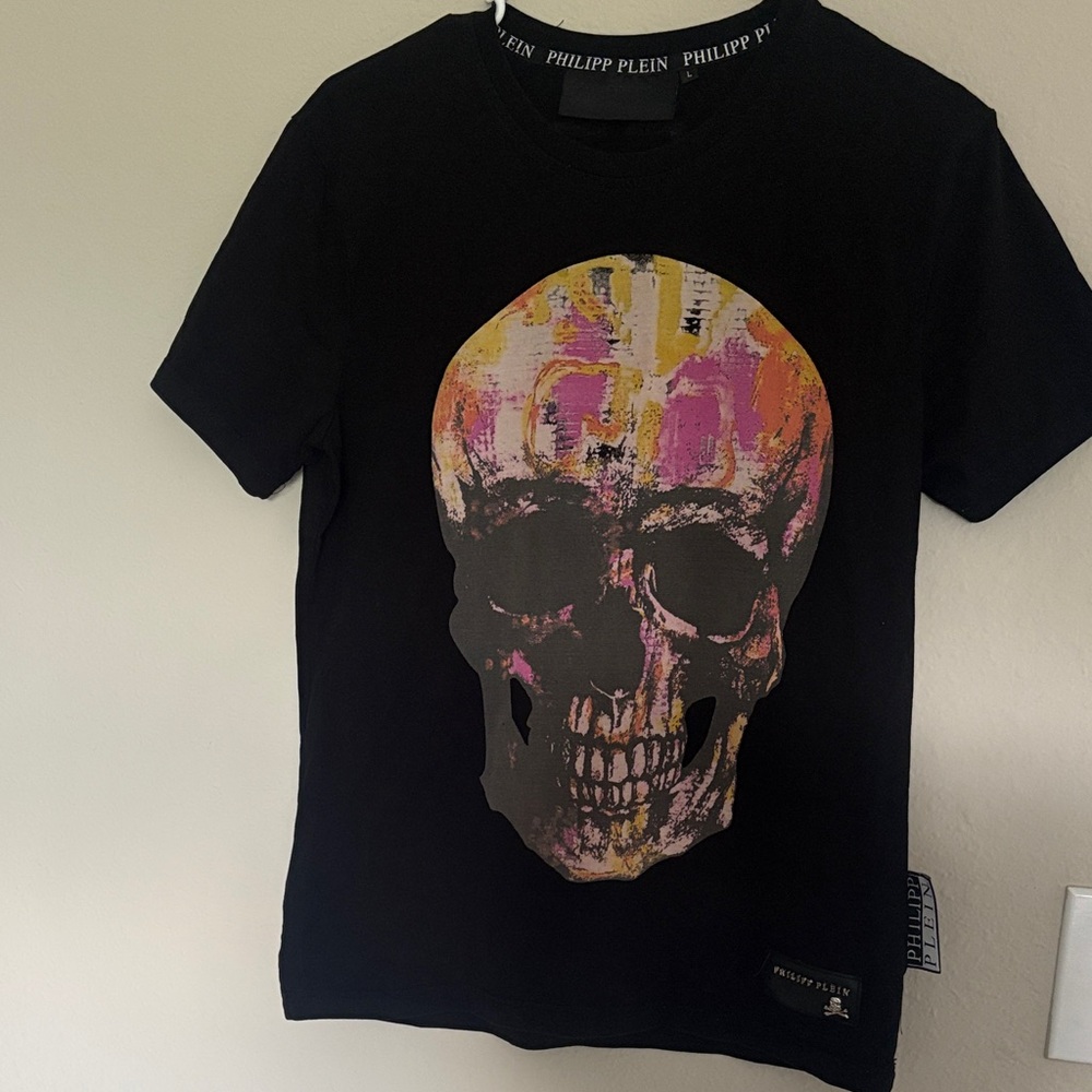 Philipp Plein Black Tee with Multicolor Skull